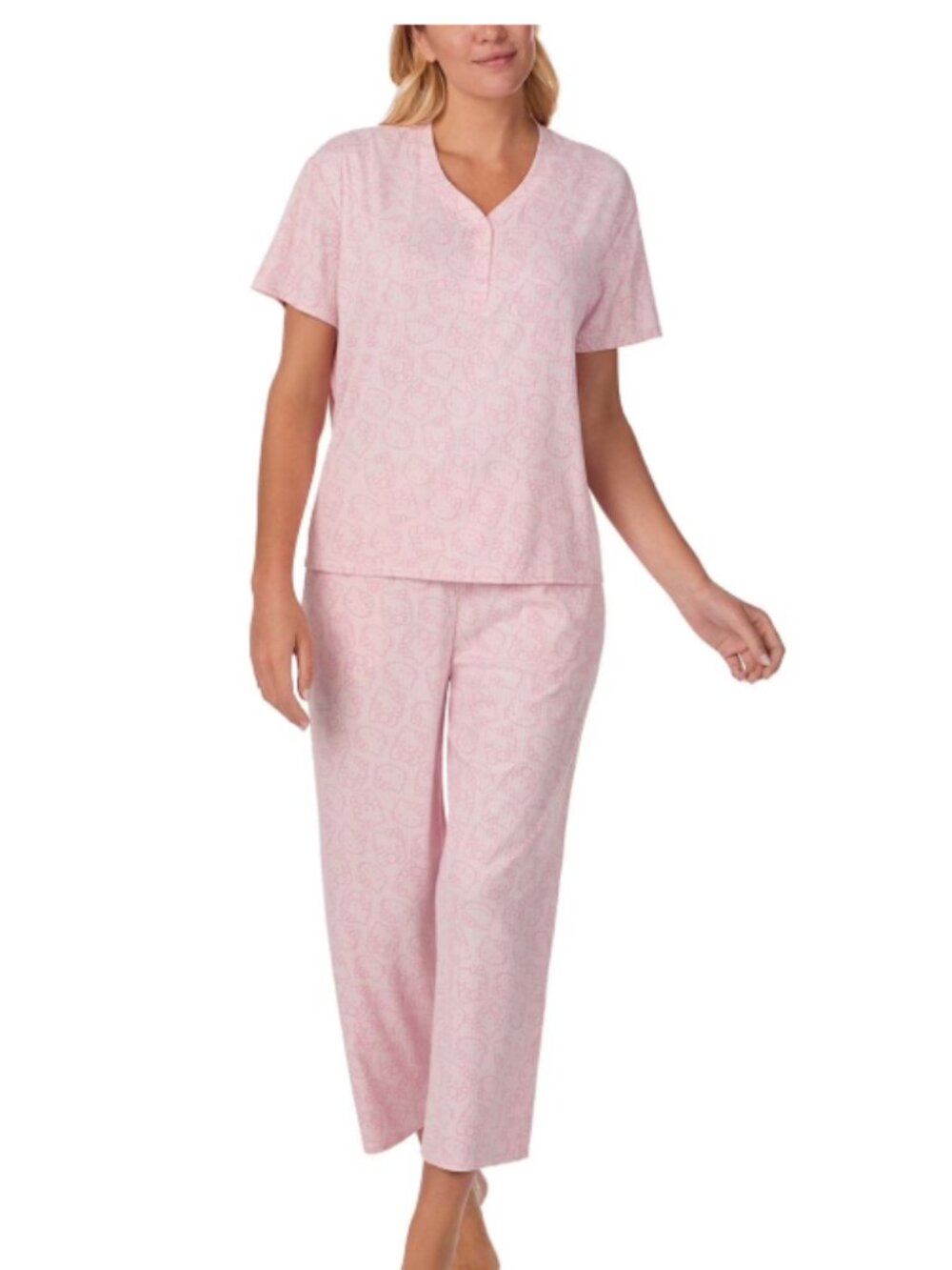 Hello Kitty Ladies 2-Piece Short Sleeve Henley and Crop Pant PJ Set
